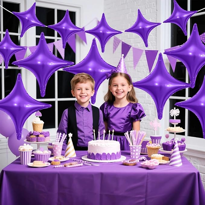 Purple Star Balloons,12Pcs Four Angle Star Foil Balloons,26Inch and 10Inch Purple Quadrangle Helium Balloon for Girl Theme Birthday Baby Shower Party Decorations