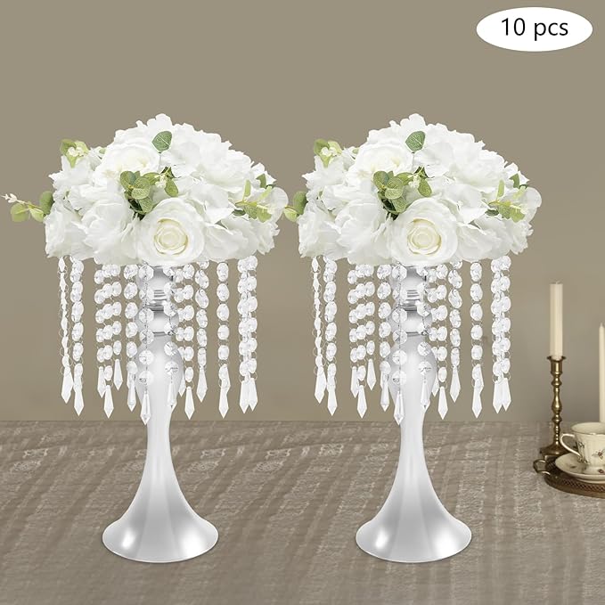 Wedding Centerpieces Sliver Vases,10PCS Metal Flower Candle Holder with Sparkling Crystal Beads,Crystal Flower Vase Metal Flowers Stand for Party Tables Decorations
