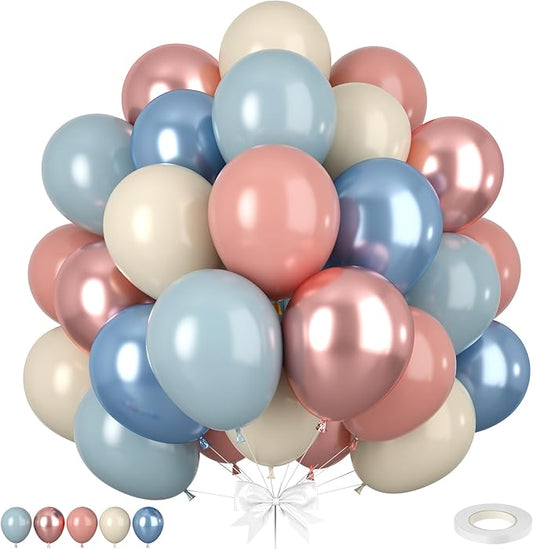 Dusty Blue and Pink Balloons, 50pcs Retro Pink and Blue Balloons, Rose Gold Balloon Metallic Light Balloon for Girl Boy Boho Birthday Party Baby Shower Wedding Gender Reveal Decorations