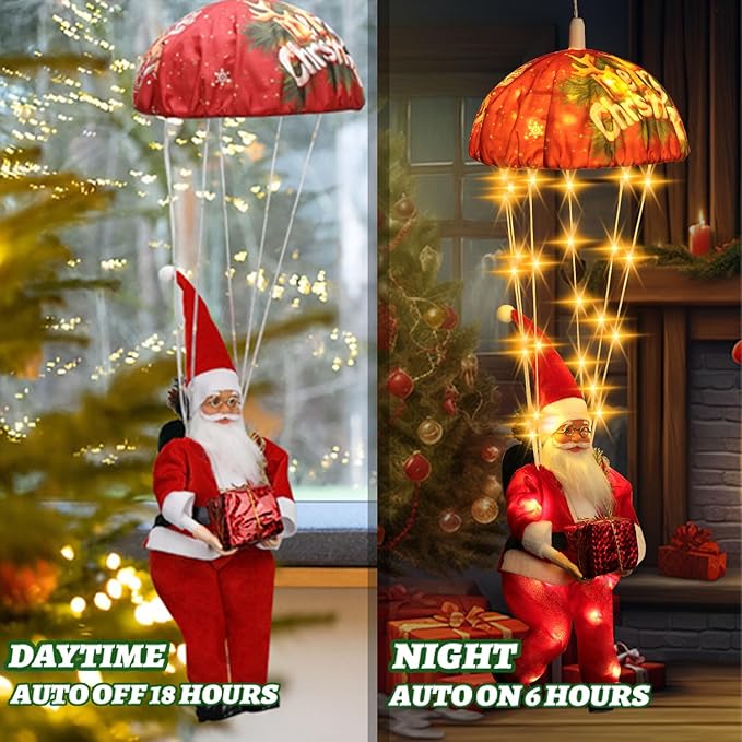 Xmas Santa Claus Parachute Lights - 105 LED 8 Modes 3AA Battery Operated, Warm White Hanging Christmas Decorative Lights for Indoor Outdoor Porch Garden Party Yard
