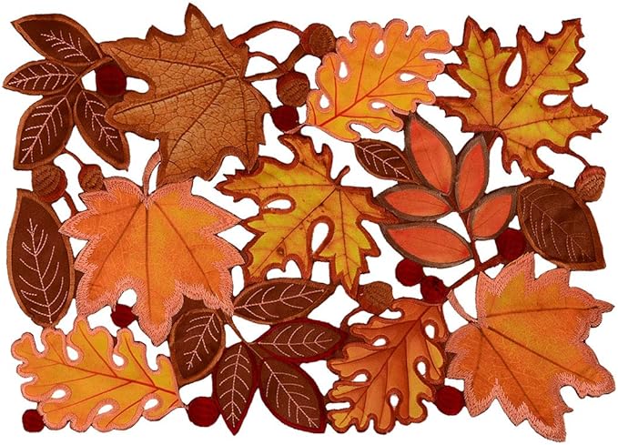 Simhomsen Set of 6 Embroidered Leaves Table Place-mats for Thanksgiving, Fall or Autumn Harvest Decorations 14 × 20 inches