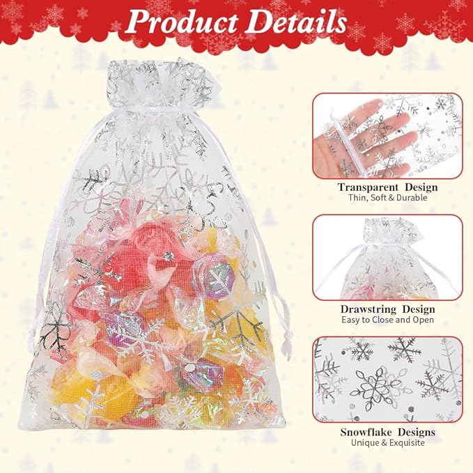 Christmas Organza Gift Bags 4x6 Silver Snowflake Mesh Bag Drawstring 50 Pcs Mesh Gift Bags Drawstring Xmas Favor Bags Jewelry Pouches Bulk Gift Pouch for Birthday Wedding Christmas Party Supplies