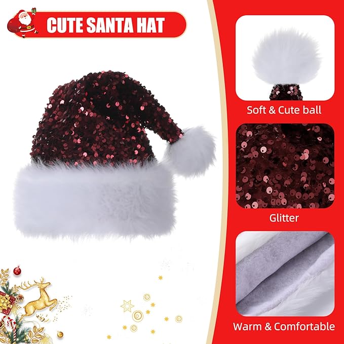 Personalized Sequin Santa Hat for Adults, Red Glitter Christmas Party Hat, Xmas Halloween New Year Holiday Headwear