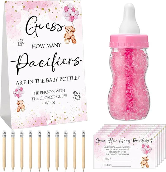Roowest 512 Pcs Baby Shower Games Guess How Many Pacifiers Sign 100 Small Guessing Games 10 HB Pencils 750ml Milk Bottle 400 Acrylic Pacifiers Decoration for Guest Gender Reveal(Pink,Bear)