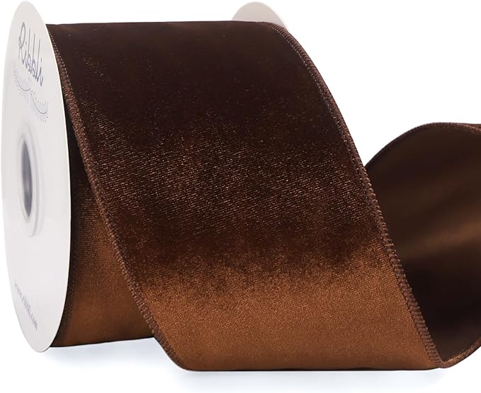 Ribbli Brown Velvet Wired Ribbon 4 Inch Velvet with Satin Christmas Ribbon for Gift Wrapping Christmas Tree Decoration Crafts Wreaths Supplies-Continuous 10 Yards