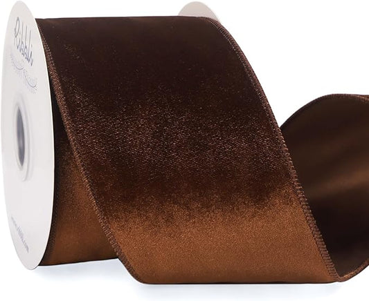 Ribbli Brown Velvet Wired Ribbon 4 Inch Velvet with Satin Christmas Ribbon for Gift Wrapping Christmas Tree Decoration Crafts Wreaths Supplies-Continuous 10 Yards