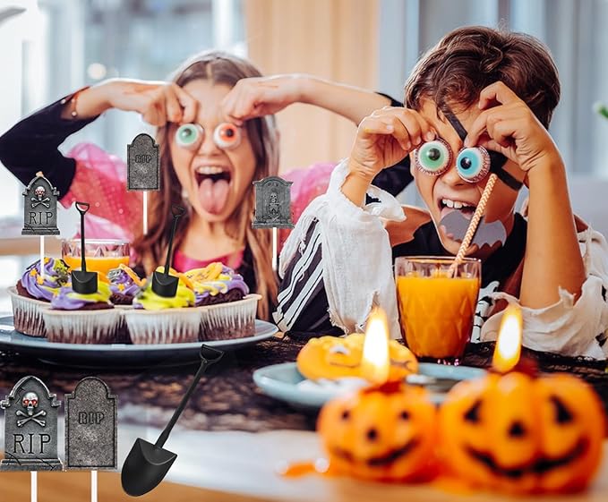 Halloween Cupcake Toppers Cake Decorations Tombstones Graveyard Skull Cupcake Toppers Pick Decor with Novelty Mini Shovel Spoons for Halloween, Birthday Party Decoration Supplies, 24 Pieces