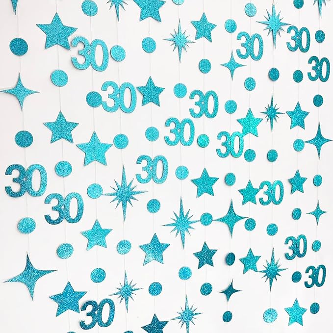 Teal Blue 30th Birthday Decorations Number 30 Circle Dot Star Garland Glitter Streamer Banner Backdrop for Women Men Dirty Thirty Cheers to 30 Years Old Birthday 30th Anniversary Party Supplies
