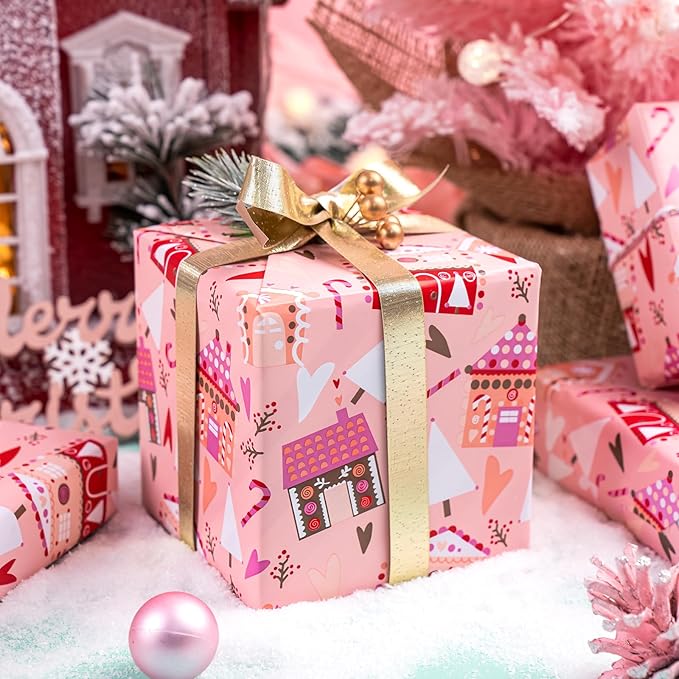 WRAPAHOLIC Reversible Christmas Wrapping Paper - Mini Roll - 17 Inch x 33 Feet - House with Christmas Tree and Candy Cane Wrapping Paper for Holiday, Party Celebration