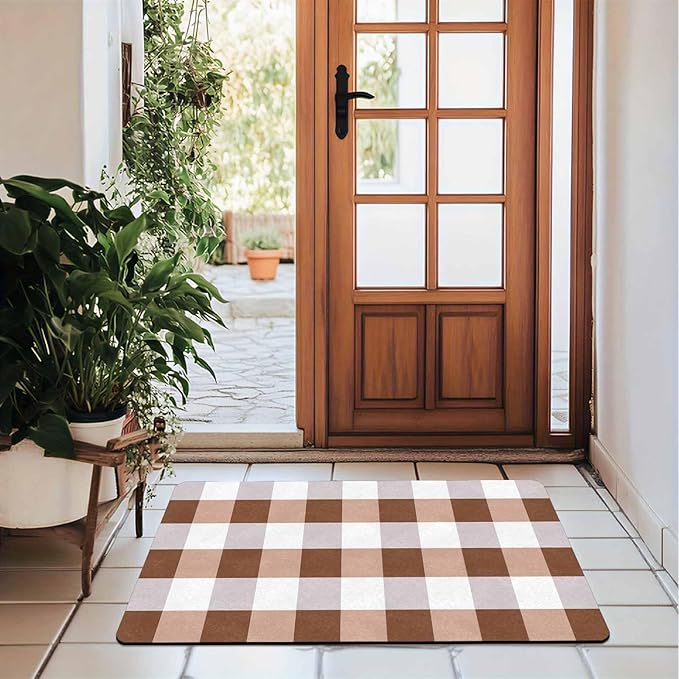 Fall Door Mat Orange and Black Buffalo Plaid Welcome Doormat Farmhouse Floor Mat Non-Slip Entrance Hello Rug Door Rugs for Indoor Outdoor Home Decor, 30"x18"inch