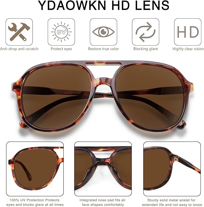 YDAOWKN Retro Square Aviator Sunglasses for Womens Mens Vintage 70s Double Bridge Sun Glasses