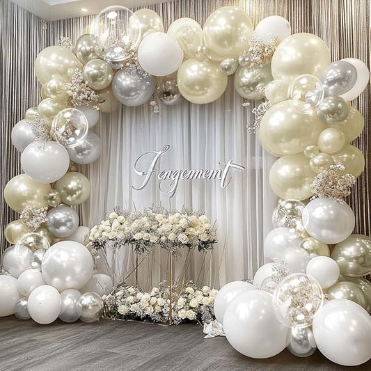 White Balloon Arch Double Stuffed Sand White Gold Pearl Bobo Balloons Light Gold Silver Latex Balloon Garland for Birthday Wedding Baby Shower Bridal Shower Baptism Party Decor