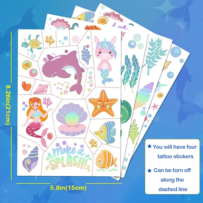 Mermaid Temporary Tattoos for Kids, 85+ Glitter Fake Tattoo, Pirate, Bluey, Dinosaur, Paw Patrol Sleeve Tattoos, Ocean Creatures & Animal, Birthday Party Gift for Boy & Girls