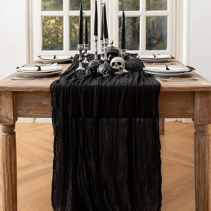 Artoid Mode Boho Cheesecloth Gauze Black Wedding Table Runner, 120 Inch Seasonal Fabric Kitchen Dining Holiday Table Decor for Home Party Indoor