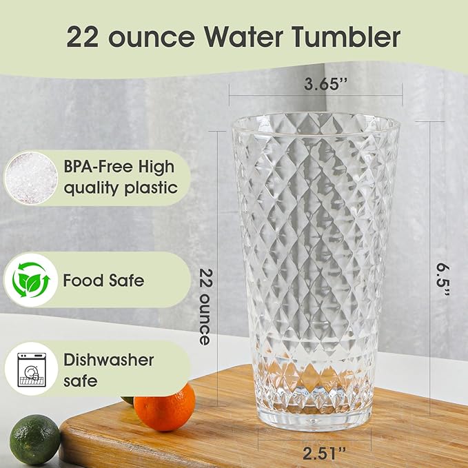 BPA-Free Plastic Tumblers 8 Pack (8x22oz) | Reusable Dishwasher Safe | Stackable Shatterproof Cups | Plastic Drinkware & Drinking Tumblers for Restaurant, Home, Party