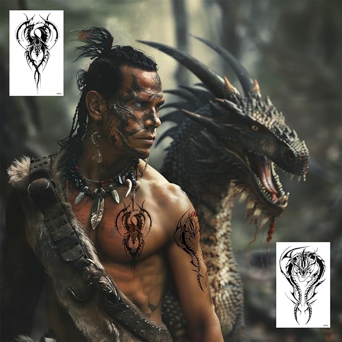 Temporary Tattoos for Men Women Fake Tribal Dragon Tattoo Stickers Waterproof Large 10 Sheets