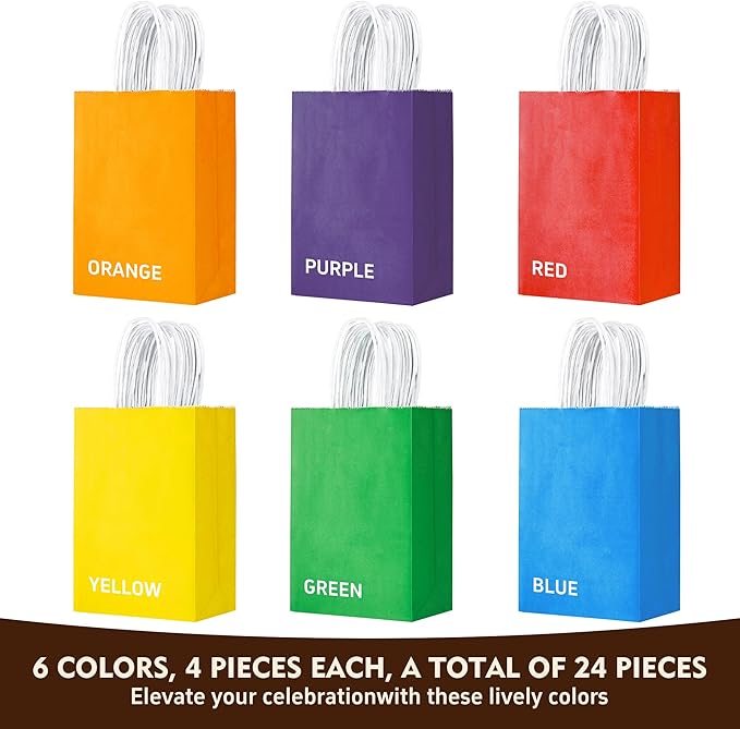 YEEHAW 24 Pack Small Gift Bags 5.8"×3.2"×8.25" Kraft Paper Bags with Handles, Party Favor Bags Bulk for Kids Birthday, Baby Shower, Crafts, Wedding, Party (6 Colors)
