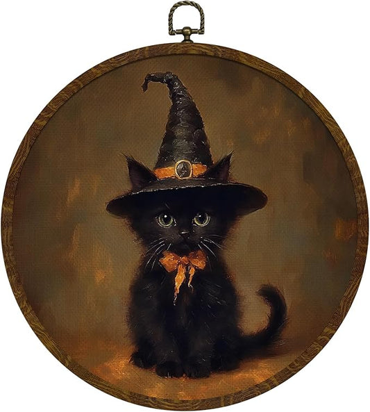 Funny Halloween Black Cat Round Wall Art,Gothic Canvas Print Wall Hanging Decor, Spooky Farmhouse Vintage Round Wall Art for Bedroom Living Room Entryway, Rustic Cat Gothic Wall Decor,Gift for Halloween(Black-Cat)