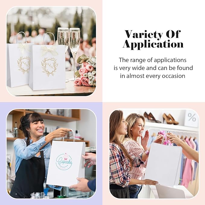 GSSUSA White Kraft Paper Gift Bag with Handles, 10x5x13 Bulk Shopping Grocery Paper Bags 100 Pc, Party Favor, Retail, Small Business, Packaging, Mother's Day, Merchandise, Boutique, Wedding