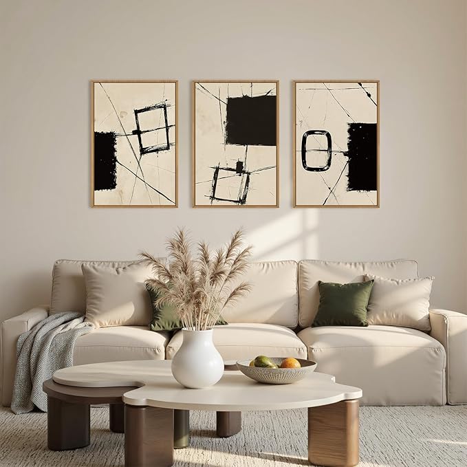 HOURIA Abstract Geometric Framed Canvas Wall Art Set,Black and Beige Brushstroke Wall Decor,Neutral Modern Wall Painting,Textured Line Drawing Art Prints for Living Room, Bedroom, Farmhouse-16 x24 x3