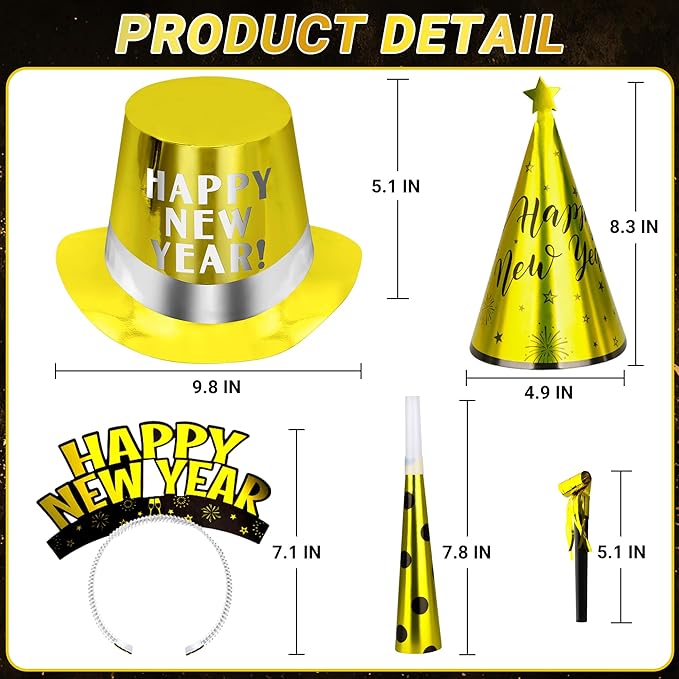 40PCS New Years Party Supplies 20 Guests, New Years Party Favors Gold Black, New Years Accessories Cardboard Plastic, Tiaras Top Hat Fringed NYE Noise Makers Star Cone Hat Horns for New Years Party