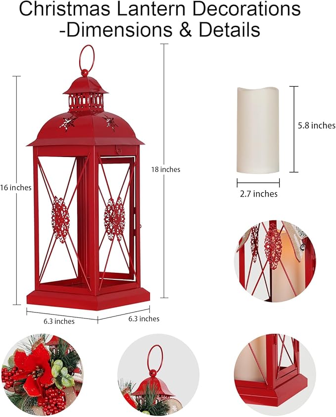 DECORKEY Christmas Decorations, 18” Metal Christmas Lantern with LED Candle and Floral Accents for Home Decor, Decorative Hanging Candle Holder Indoor Outdoor for Table Centerpieces, Porch, Patio