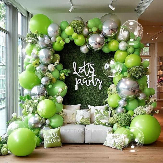 Green Silver Balloon Arch Double Stuffed Lime Green Metallic Sliver Balloon Garland Clear Bobo Balloons for Christmas Birthday Baby Shower Safari Jungle Graduation Party Decorations