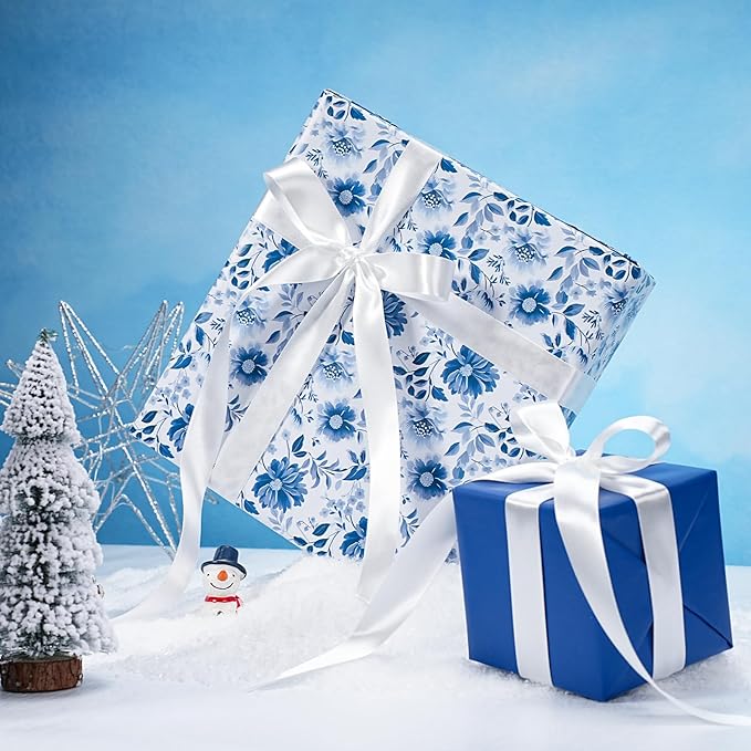 LaRibbons Reversible Blue Floral Wrapping Paper Roll, 17 Inch x 33 Feet (46.7 Sq. Ft), Blue White Peony Design Chinoiserie Gift Wrap for Wedding, Bridal Shower & Birthday