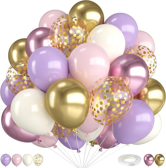 Pink and Purple Balloons,12 Inch Metallic Pink Light Purple White and Gold Baloons with Confetti Balloon for Girls Birthday Baby Shower Wedding Bridal Shower Party Decorations