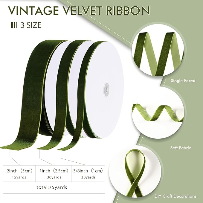 Yilloog 3/8'' 1'' 2'' 90 Yards Christmas Velvet Ribbon Vintage Satin Fabric Velvet Ribbon Roll for Christmas Tree Ornaments Decoration Gift Wrapping Bow DIY Crafts (Olive Green)