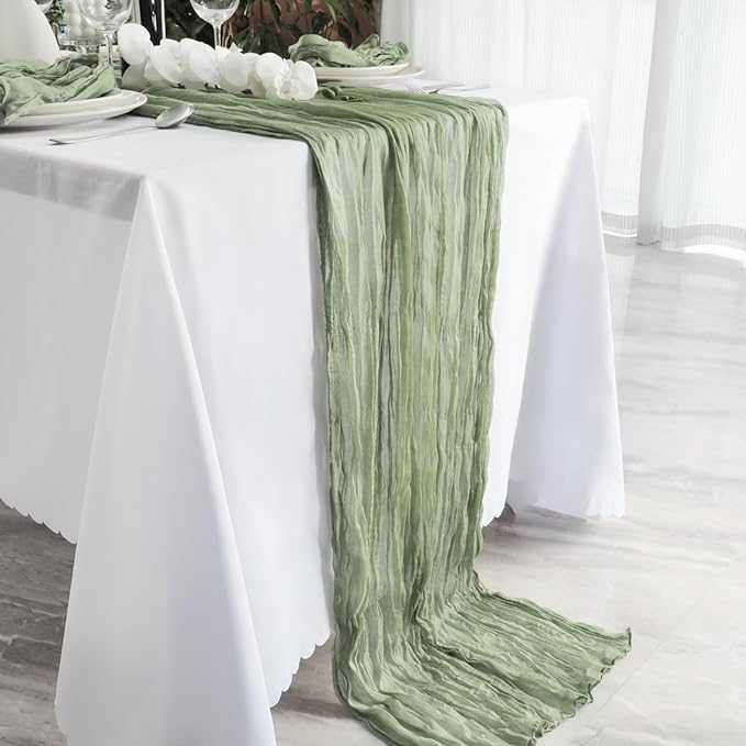 NESCCI 2 Pack Sage Green Table Runner,Rustic Boho Cheesecloth Table Runner,35x120 Inches Runners for Tables, Pefect for Mothers Day Wedding Baby Shower Birthday Party Home Decorations