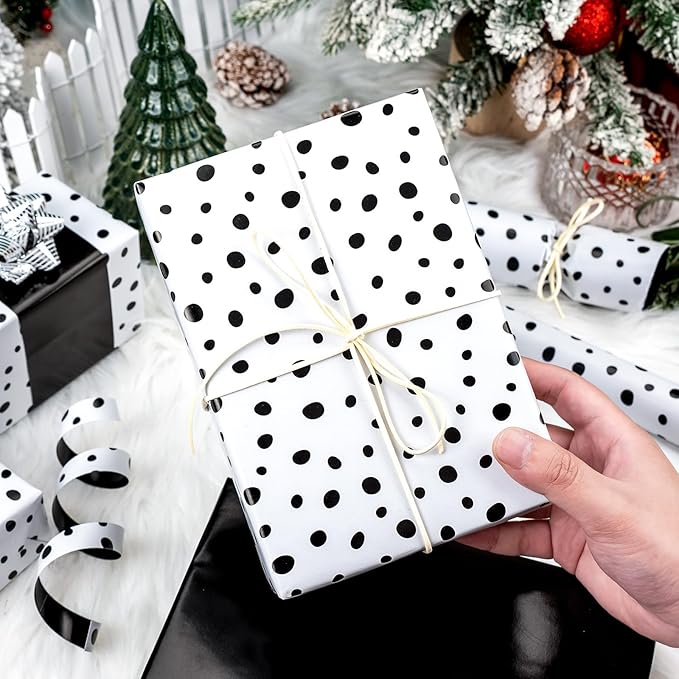 Burymento Black Lrregular Wave Point Wrapping Paper, Reversible Gold Gift Wrap for Birthday, Valentines, Mothers day, Graduation, Wedding, Fathers day, Baby Shower, Christmas (17in x 16.4ft)