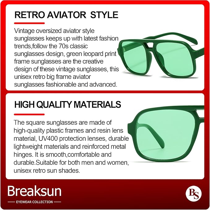 Retro Aviator Sunglasses for Women Men Trendy Classic 70s Square Green Aviator Sun Glasses Vintage Shades