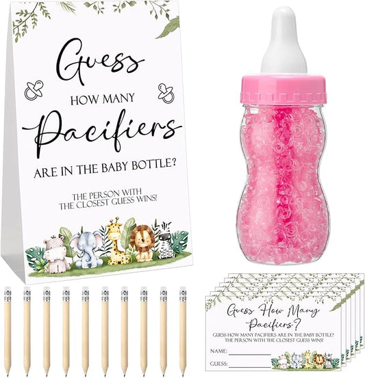Roowest 512 Pcs Baby Shower Games Guess How Many Pacifiers Sign 100 Small Guessing Games 10 HB Pencils 750ml Milk Bottle 400 Acrylic Pacifiers Decoration for Guest Gender Reveal(Pink,Animal)
