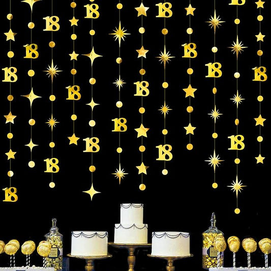 Gold 18th Birthday Decorations Number 18 Circle Dot Twinkle Star Garland Metallic Streamer Banner Backdrop for Girls Boys Happy 18th Birthday Time to Adult Cheers to 18 Years Old Anniversary Party