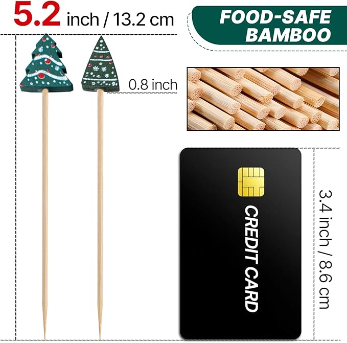 PuTwo Christmas Tree Cocktail Picks 4.7 Inch 100pcs Bamboo Fancy Skewers Toothpicks for Appetizers Food Drink Fruit Sandwich BBQ Christmas Party Charcuterie Boards Accessories Party Supplies