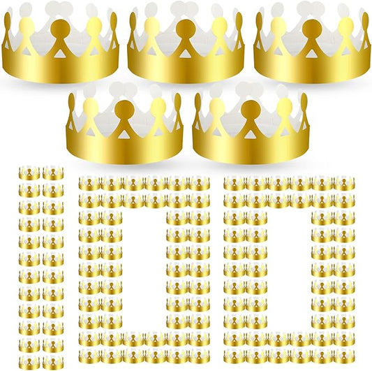 Crtiin 100 Pcs Gold Paper Crowns Birthday Party Bulk for Adults Classroom Students Hat Supplies Favors (Cute Style)