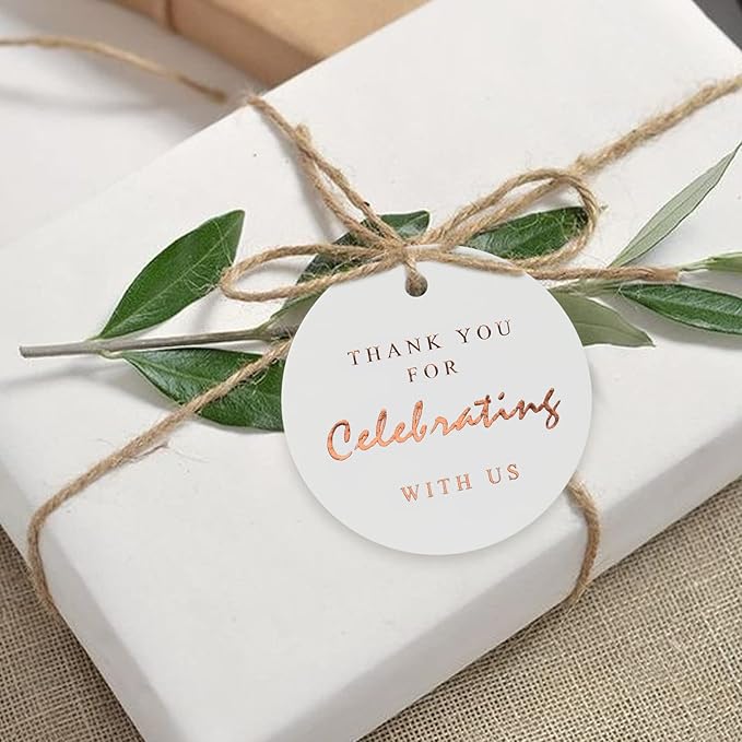 G2PLUS Thank You for Celebrating with Us Tags, 2.2 in Round Thank You Tag, White Paper Rose Gold Foil Gift Tags with String for Wedding, Party Favors