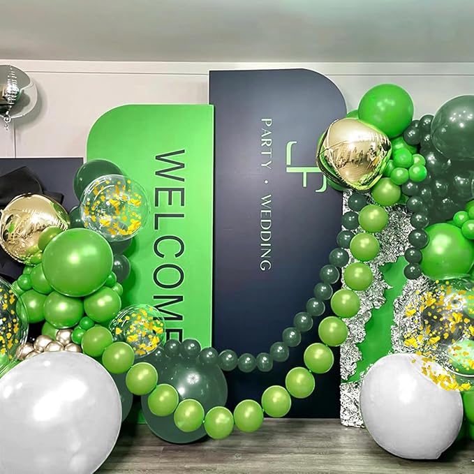 Green White Gold Balloon Garland Arch Kit, 156 Dark Green Metallic Gold White and Neon Green Balloons for Birthday Wedding Anniversary Safari Jungle Baby Shower