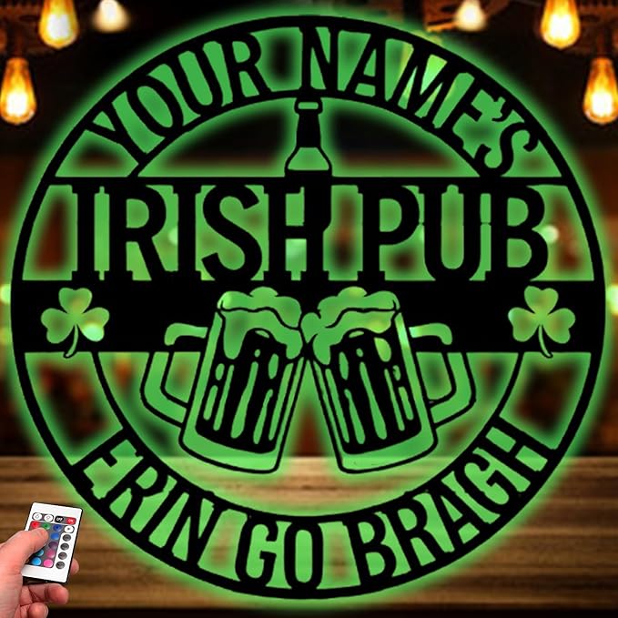 Custom Bar Metal Sign - Personalized Irish Pub Tavern Wall Art with LED Lights, Vintage Metal Plaque for Bar Basement Decor, St. Patrick's Day Decorations and Gifts for Men, Dad, Papa, Beer Lovers