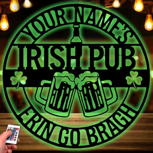 Custom Bar Metal Sign - Personalized Irish Pub Tavern Wall Art with LED Lights, Vintage Metal Plaque for Bar Basement Decor, St. Patrick's Day Decorations and Gifts for Men, Dad, Papa, Beer Lovers
