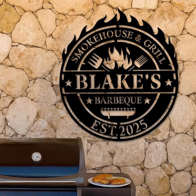 Custom BBQ Metal Sign, Personalized Smokehouse and Grill Barbeque Plaque with Fire and Utensils Design, Outdoor Patio Yard Wall Decor for Barbecue Lovers, Rustic BBQ Gift for Birthday Christmas