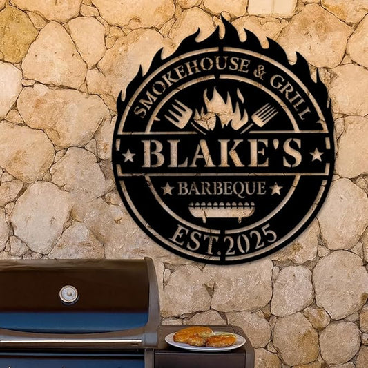 Custom BBQ Metal Sign, Personalized Smokehouse and Grill Barbeque Plaque with Fire and Utensils Design, Outdoor Patio Yard Wall Decor for Barbecue Lovers, Rustic BBQ Gift for Birthday Christmas