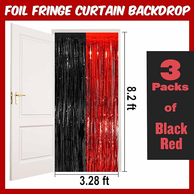 3 Pack Black and Red Foil Fringe Curtains Backdrop, 3.28 x 8.2 Ft Metallic Streamers Tinsel Curtains Background for Photo Booth, Birthday, Christmas, Halloween, New Year Party Decorations