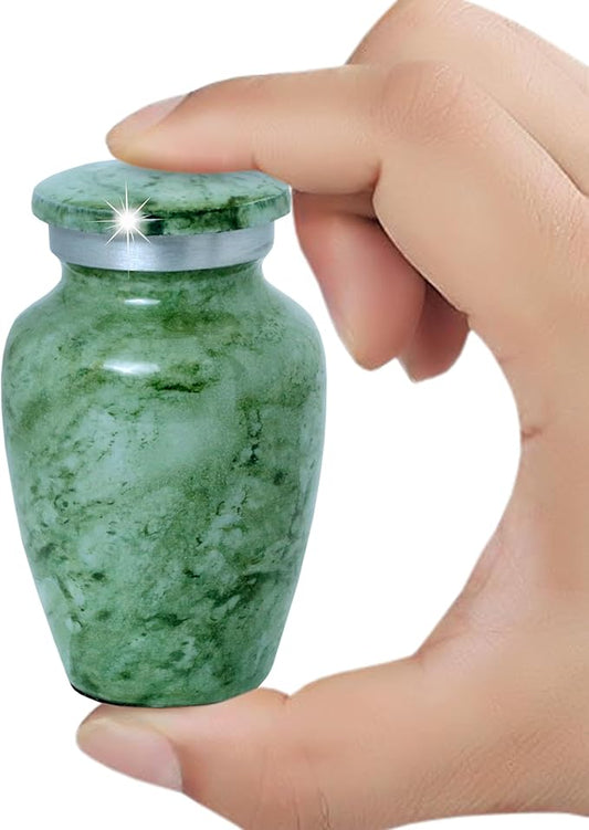 Small Keepsake Urn for Human or Pet Ashes – Handcrafted Light Green Marble Mini Urn with Velvet Bag & Gift Box | Durable Metal Memorial Token Jar for Baby, Infant, Pet or Loved One – 3 Cu in