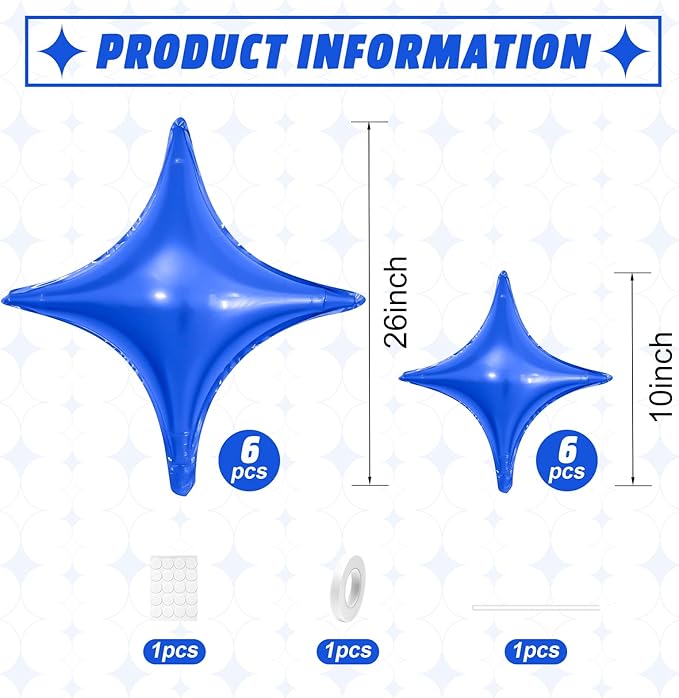 Blue Star Balloons,12Pcs Four Angle Star Foil Balloons,26Inch and 10Inch Dark Blue Quadrangle Helium Balloon for Birthday Anniversary Baby Shower Wedding Party Decorations