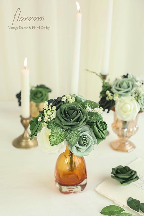 Floroom Artificial Flowers 25pcs Real Looking Elf Green Foam Fake Roses with Stems for DIY Wedding Bouquets Bridal Shower Centerpieces Sage Green Floral Arrangements Home Decorations