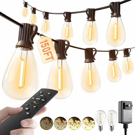 luckystyle 150FT LED Outdoor String Lights with Remote, 55+2 Shatterproof Bulbs Waterproof and Dimmable Patio Lights for Porch, Garden, Backyard, Deck, Balcony, 2200K Hanging Lighting