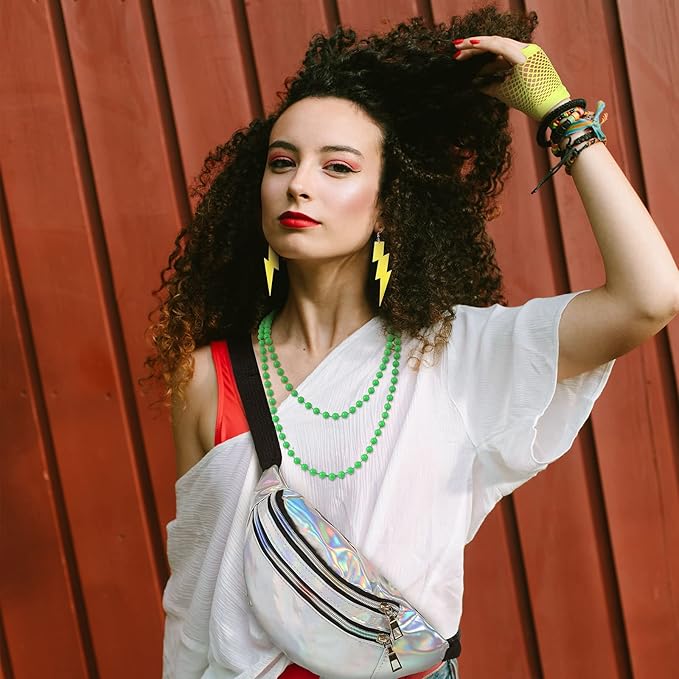 Handepo 19 Pcs 80s Costume Accessories Holographic Fanny Pack Leg Warmers Lace Headband Earrings Gloves Necklace Bracelet