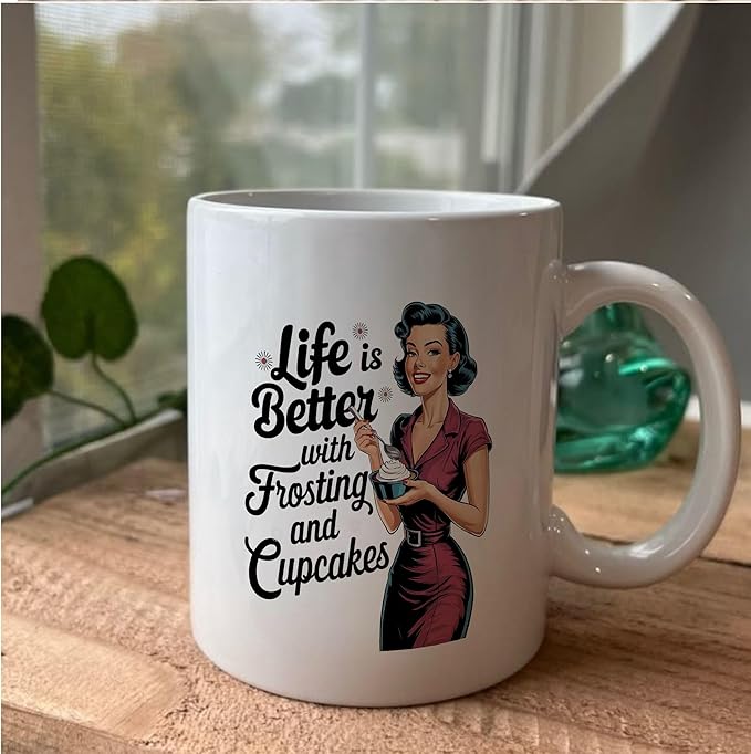 Retro Women Frosting & Cupcakes Sarcastic Coffee Drinking Cup, White Ceramic Mugs, 11oz 15oz